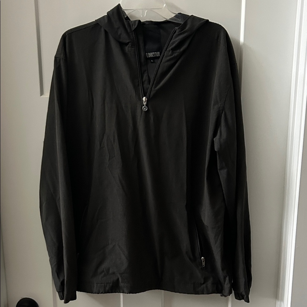 Linksoul performance stretch hooded jacket sz L large Grey quarter zip